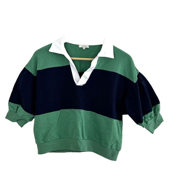 Z Supply Tops - Z Supply Cropped Polo Rugby Short Sleeve Sweatshirt Shirt Size Small Green Blue